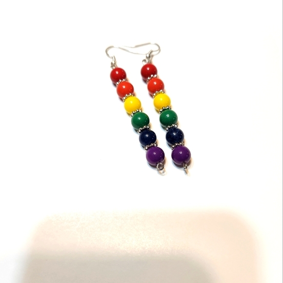 Hand Crafted LGBTQ+ Pierced Earrings Colorful Beaded Dangle Rainbow - Picture 5 of 5